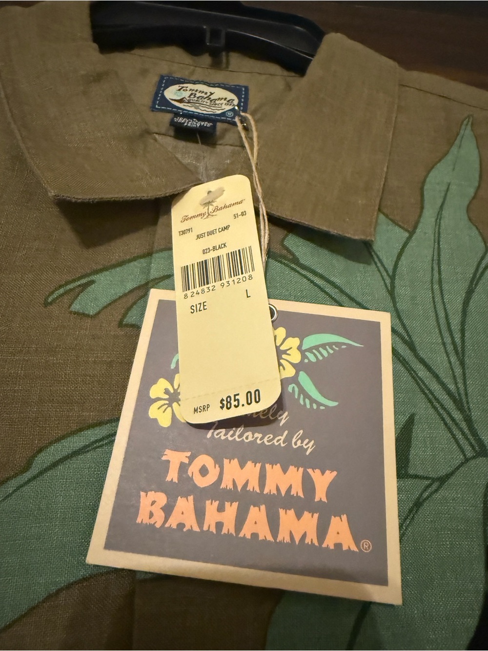 Tommy Bahama Brown & Black Hawaiian Hula Girl Camp Shirt with Green Palms - Picture 4 of 5